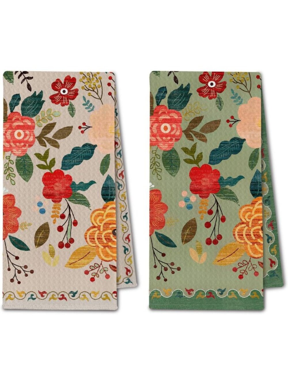 Vintage Boho Floral Kitchen Towels Set of 2 | Colorful Retro Flower Dish & Hand